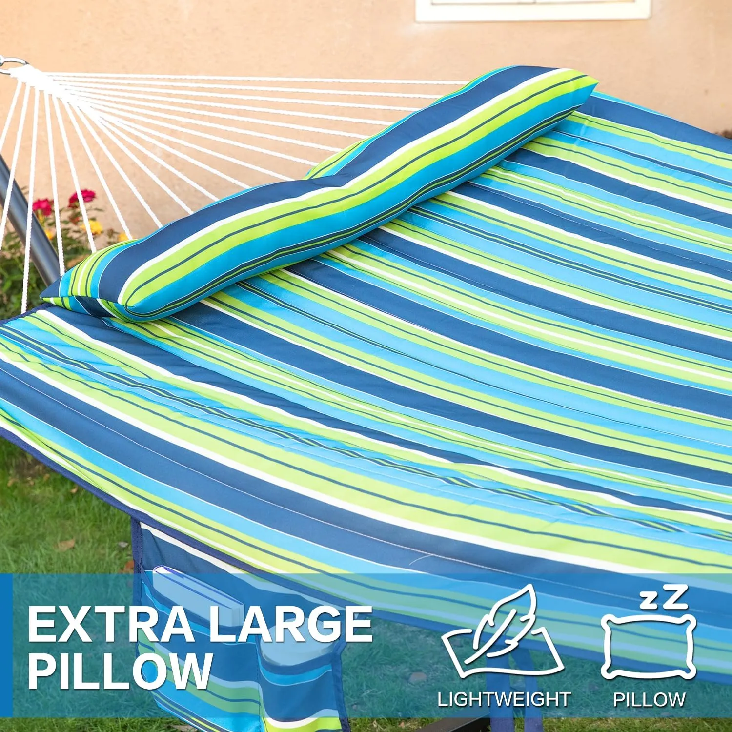 PNAEUT Double Hammock with Stand for Outside, Rope Hammocks with Polyester Pad 2 Person, 12ft Heavy Duty Stand, Extra Pillow, Storage Sidebag, Max 475 lbs Capacity (Garden)