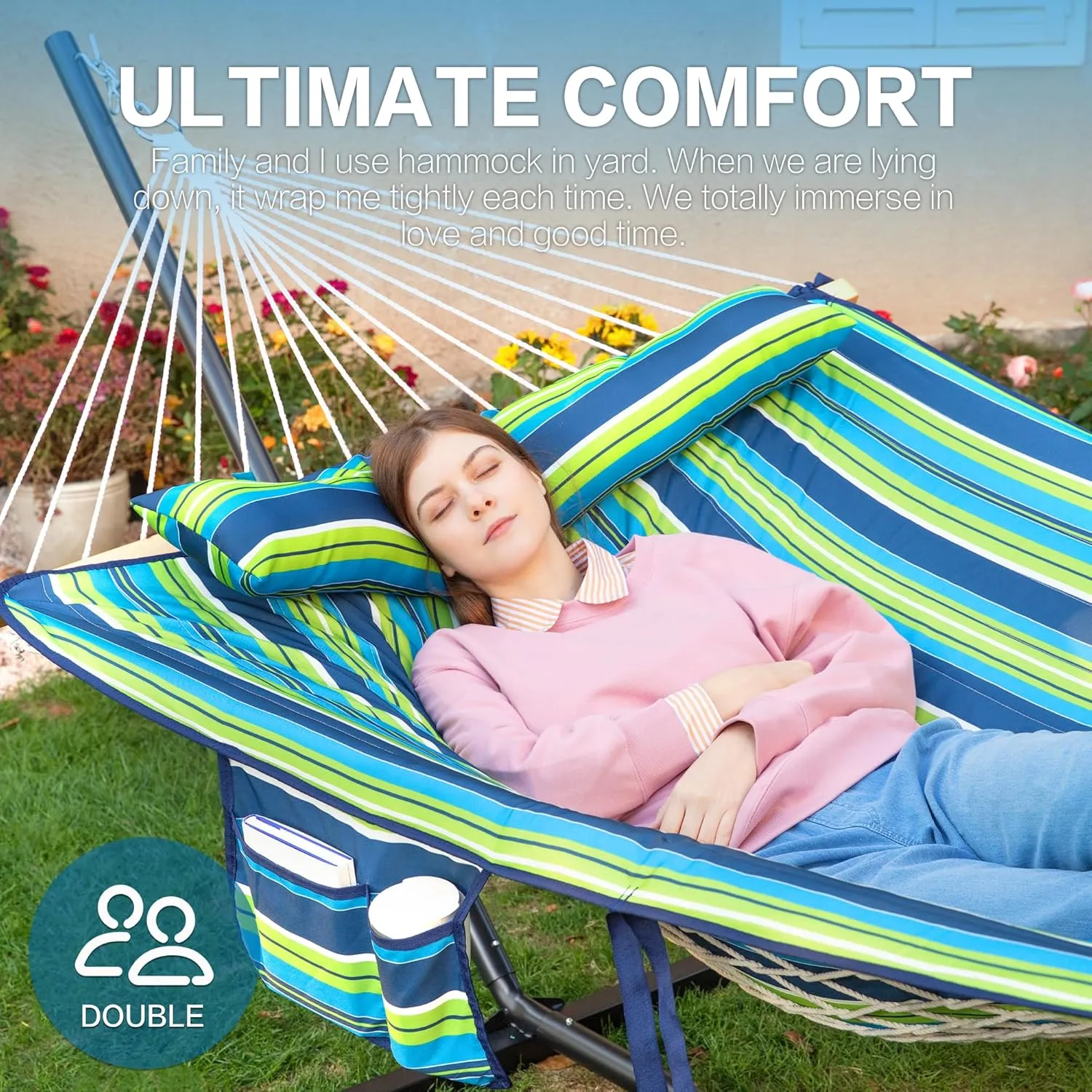 PNAEUT Double Hammock with Stand for Outside, Rope Hammocks with Polyester Pad 2 Person, 12ft Heavy Duty Stand, Extra Pillow, Storage Sidebag, Max 475 lbs Capacity (Garden)