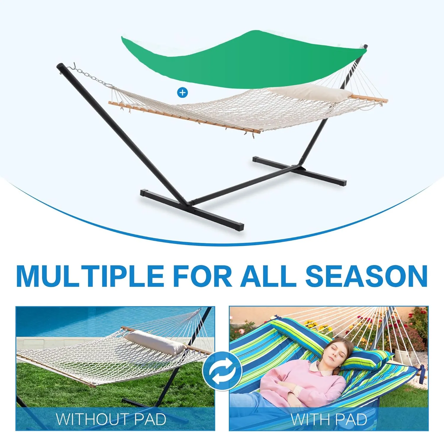 PNAEUT Double Hammock with Stand for Outside, Rope Hammocks with Polyester Pad 2 Person, 12ft Heavy Duty Stand, Extra Pillow, Storage Sidebag, Max 475 lbs Capacity (Garden)
