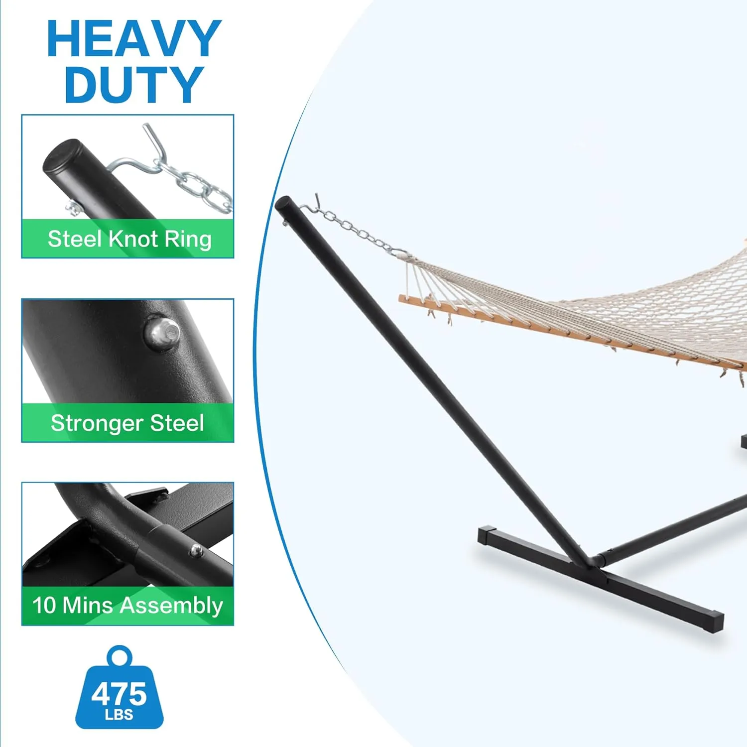PNAEUT Double Hammock with Stand for Outside, Rope Hammocks with Polyester Pad 2 Person, 12ft Heavy Duty Stand, Extra Pillow, Storage Sidebag, Max 475 lbs Capacity (Garden)