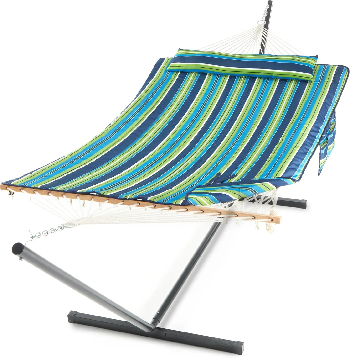 PNAEUT Double Hammock with Stand for Outside, Rope Hammocks with Polyester Pad 2 Person, 12ft Heavy Duty Stand, Extra Pillow, Storage Sidebag, Max 475 lbs Capacity (Garden)