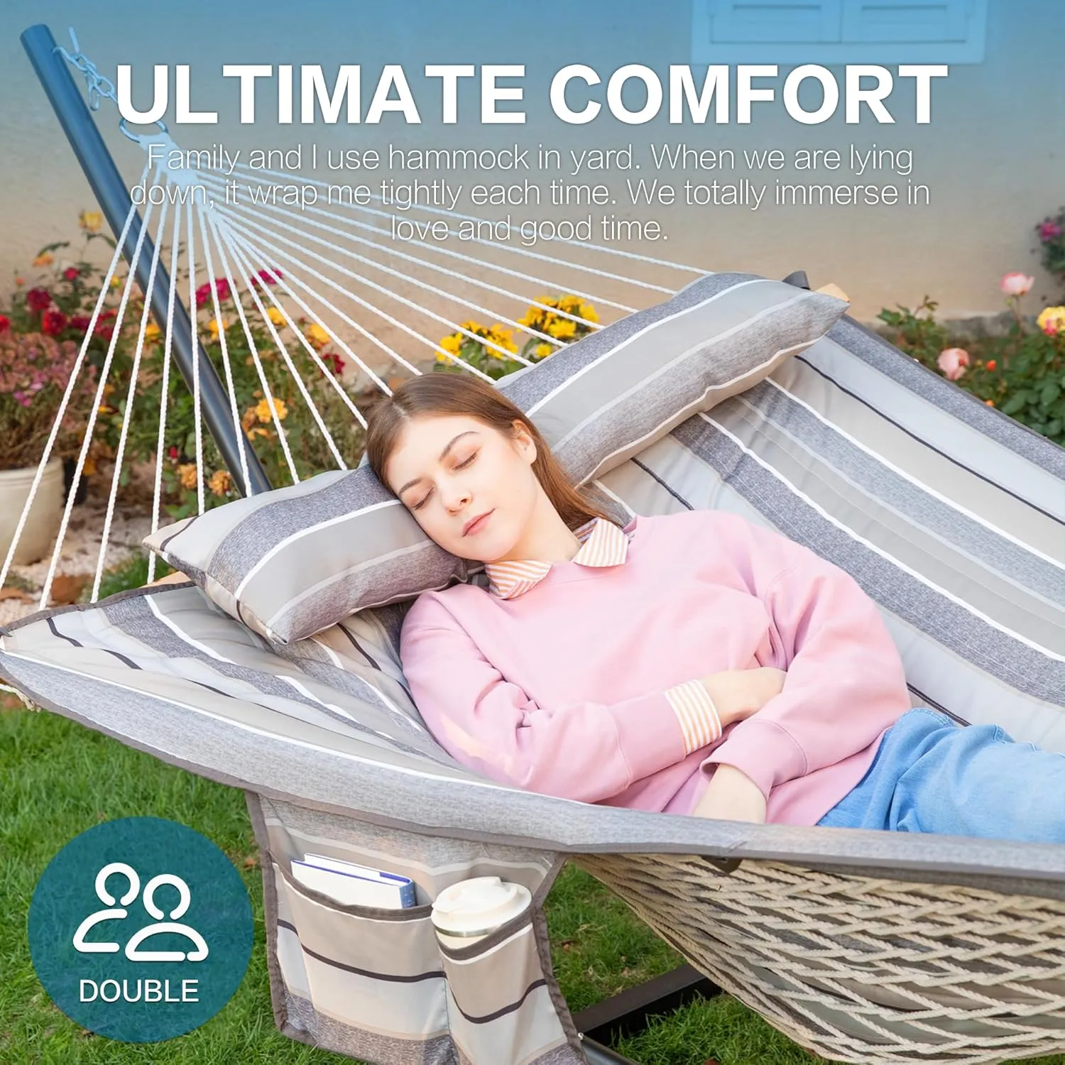 PNAEUT Double Hammock with Stand for Outside, Rope Hammocks with Polyester Pad 2 Person, 12ft Heavy Duty Stand, Extra Pillow, Storage Sidebag, Max 475 lbs Capacity (Peace Dove)