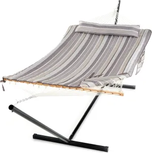 PNAEUT Double Hammock with Stand for Outside, Rope Hammocks with Polyester Pad 2 Person, 12ft Heavy Duty Stand, Extra Pillow, Storage Sidebag, Max 475 lbs Capacity (Peace Dove)