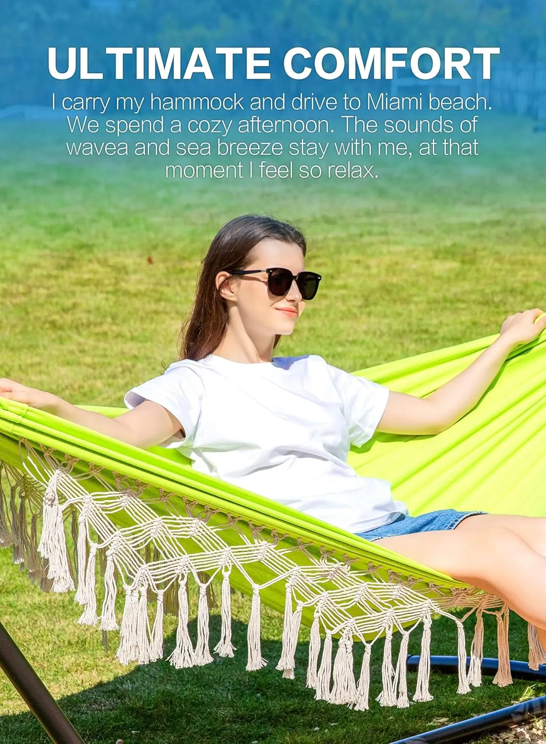 PNAEUT Handmade Tassel Hammocks, Double Hammock with Stand for Outside, Max 450 lbs Capacity, Tree Straps & Carabiners & Pillow & Storage Bag and Portable Carrying Bag Included (Green)