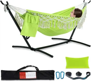 PNAEUT Handmade Tassel Hammocks, Double Hammock with Stand for Outside, Max 450 lbs Capacity, Tree Straps & Carabiners & Pillow & Storage Bag and Portable Carrying Bag Included (Green)