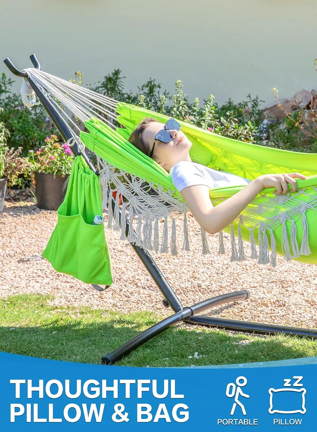 PNAEUT Handmade Tassel Hammocks, Double Hammock with Stand for Outside, Max 450 lbs Capacity, Tree Straps & Carabiners & Pillow & Storage Bag and Portable Carrying Bag Included (Green)