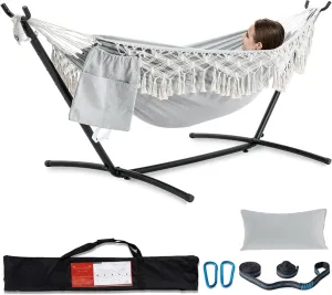 PNAEUT Handmade Tassel Hammocks, Double Hammock with Stand for Outside, Max 450 lbs Capacity, Tree Straps & Carabiners & Pillow & Storage Bag and Portable Carrying Bag Included (Grey)