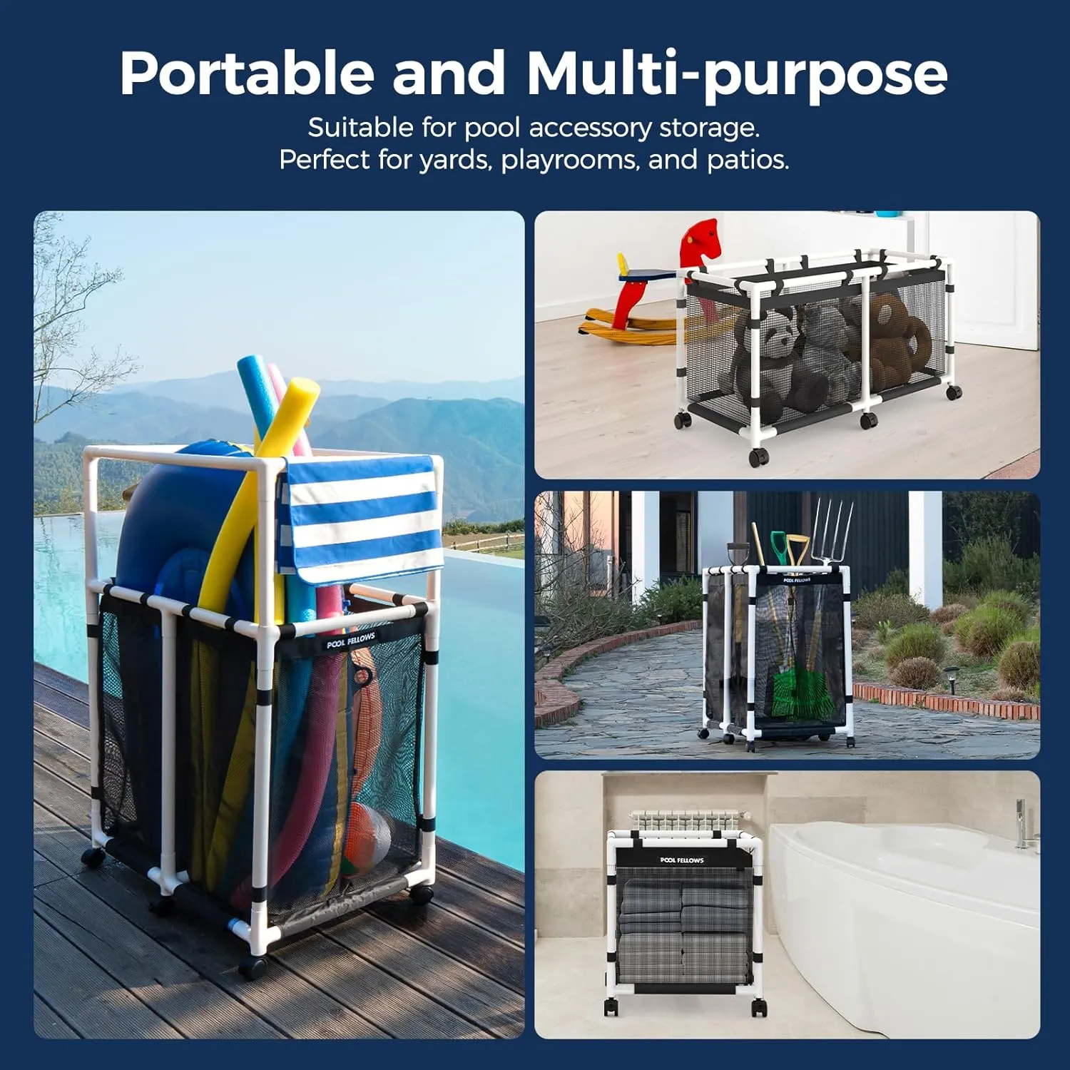 Pool Storage Bin, 90 Gallons, Holder for Noodles, Toys, Floats, Towels, Mesh Organizer for Swimming Equipments, Mini Plus Style