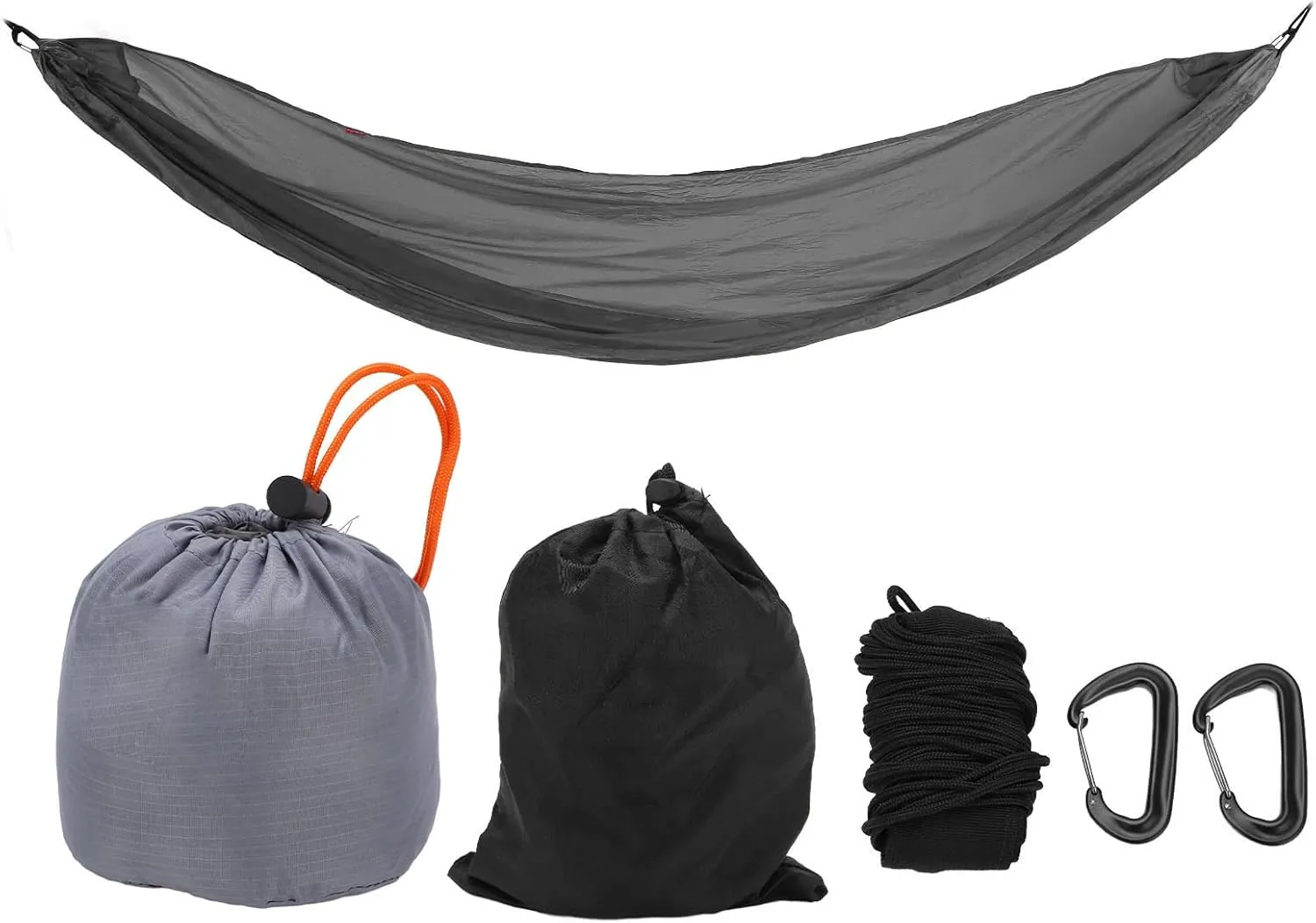 Portable Camping Parachute Hammock with Rollover, Foldable to Palm Size, 200kg Bearing Capacity, Reinforced Aluminum Alloy Snap Hooks, Toughness Nylon Silicone (Gray)