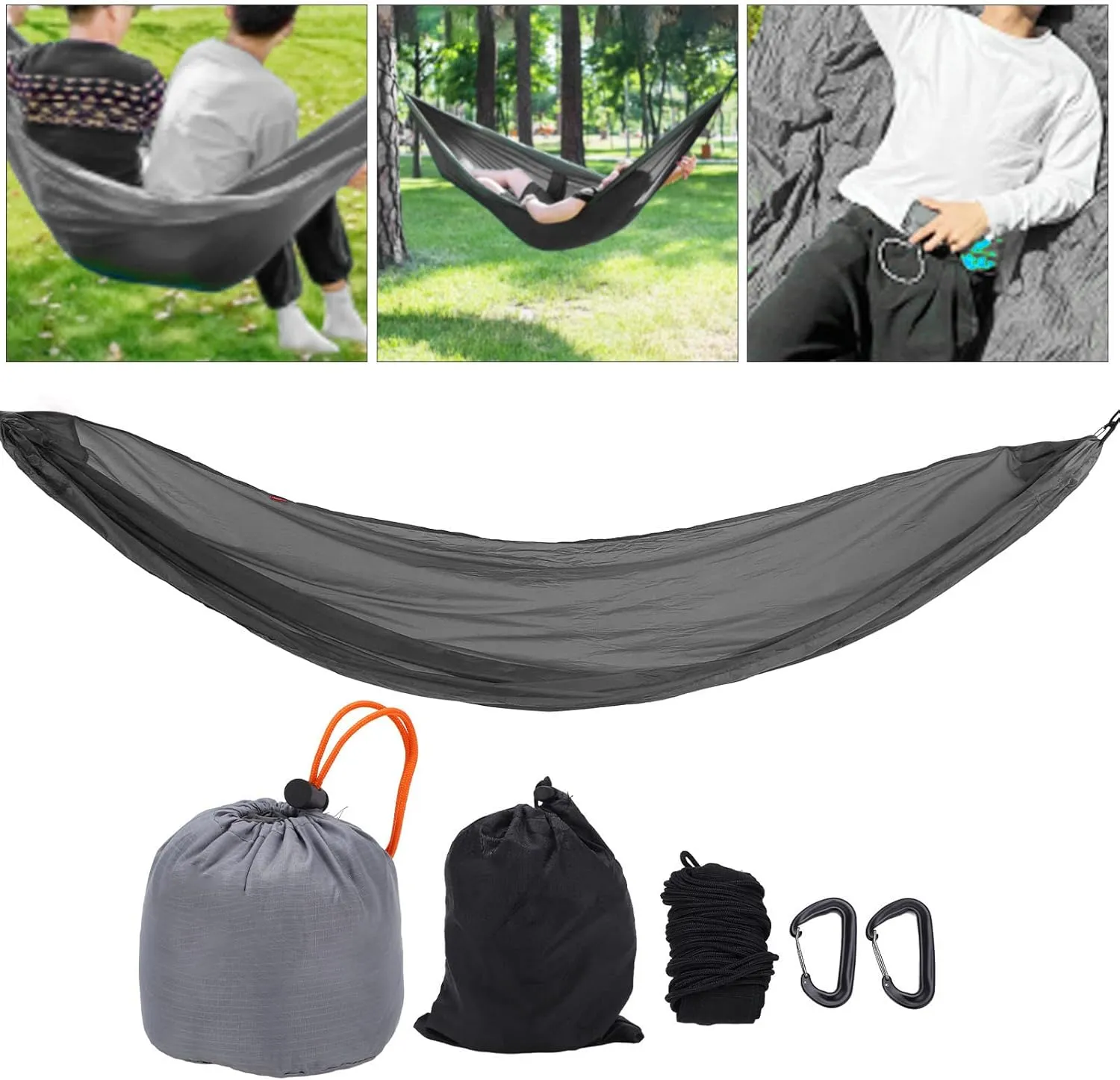 Portable Camping Parachute Hammock with Rollover, Foldable to Palm Size, 200kg Bearing Capacity, Reinforced Aluminum Alloy Snap Hooks, Toughness Nylon Silicone (Gray)