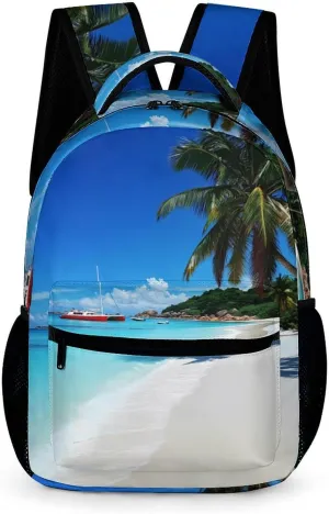 Praslin Island Surfing Beach Scenic View 16 Inch Backpack with Side Pockets Cute Shoulder Bag Dackpack for Travel Hiking Camping