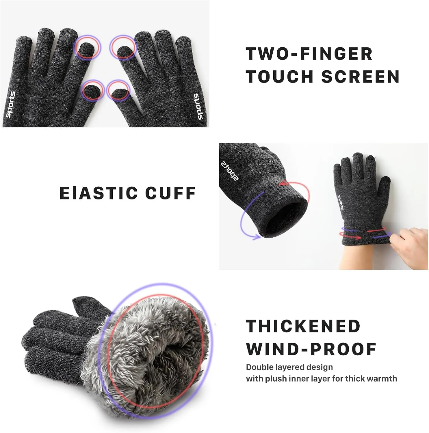 Premillow Winter Gloves for Men Women - Wool Fleece Liner With Touchscreen, Warm Knit for Cold Weather