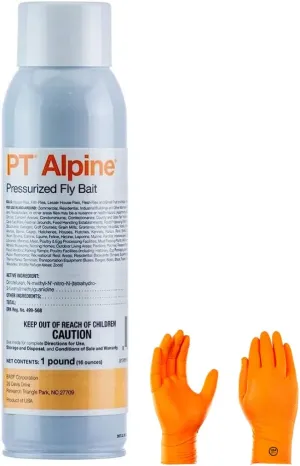 PT Alpine Pressurized Fly Bait - Fly Terminator: Long-Lasting Fly Control Solution with Baiting Properties | Includes USA Supply Protective Gloves | USA Pest Identification Card