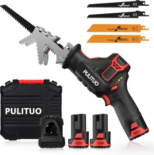 PULITUO Reciprocating Saw Cordless, Power Reciprocating Saws Compact Design，Including 2pcs 2000mAh Li-Ion battery, 1-Hour Fast Charger, Clamp Jaw, 4pcs of Saw Blades for Wood/Metal/PVC