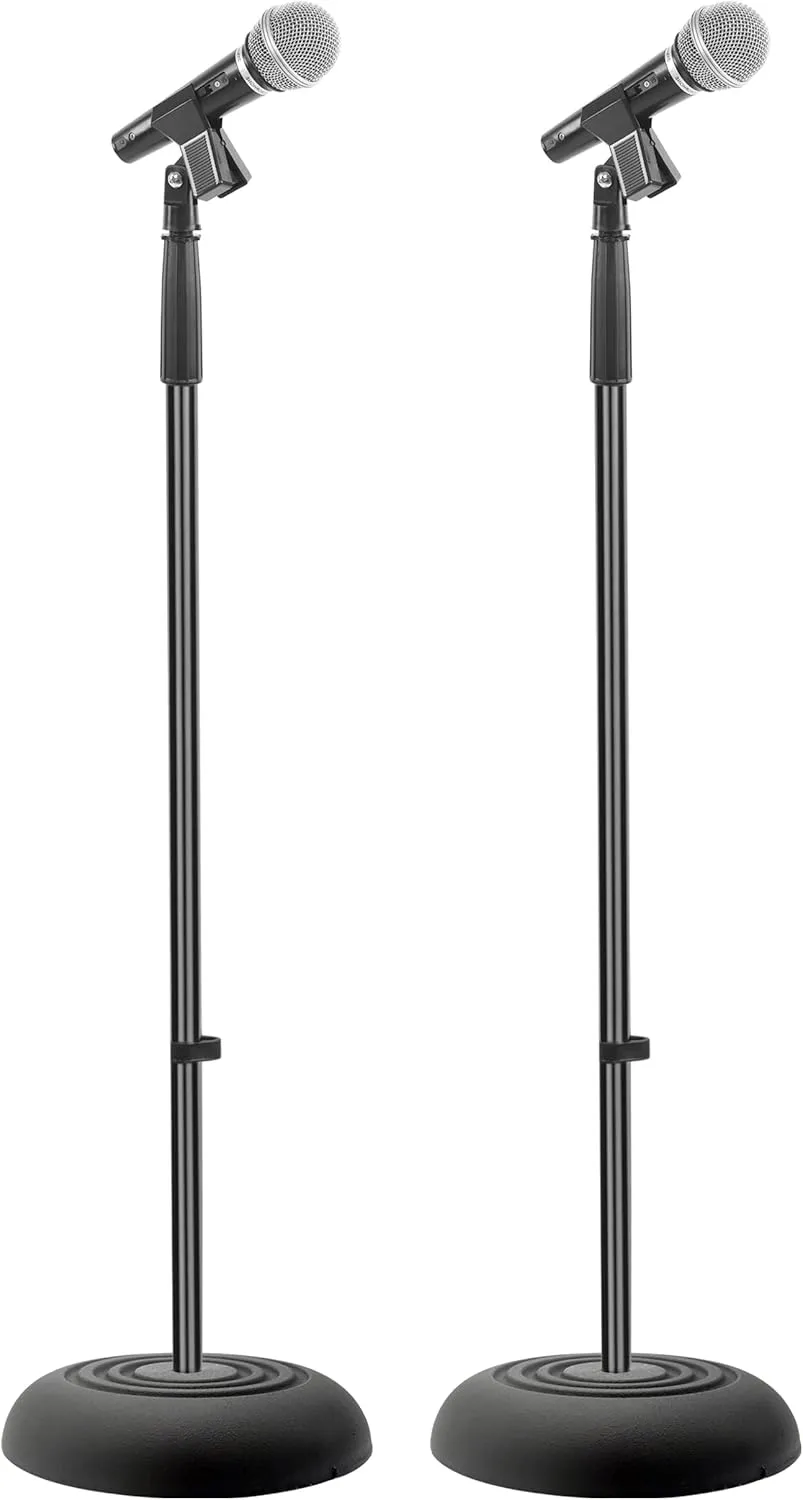 Pyle Universal Microphone Stand - Handheld Mic Compatible, Heavy Compact Base, Lightweight & Compact Design, 2.8 to 5 Ft Height Adjustable Clamp, Pivot Angle Clip, Home/Studio Use (Pair)