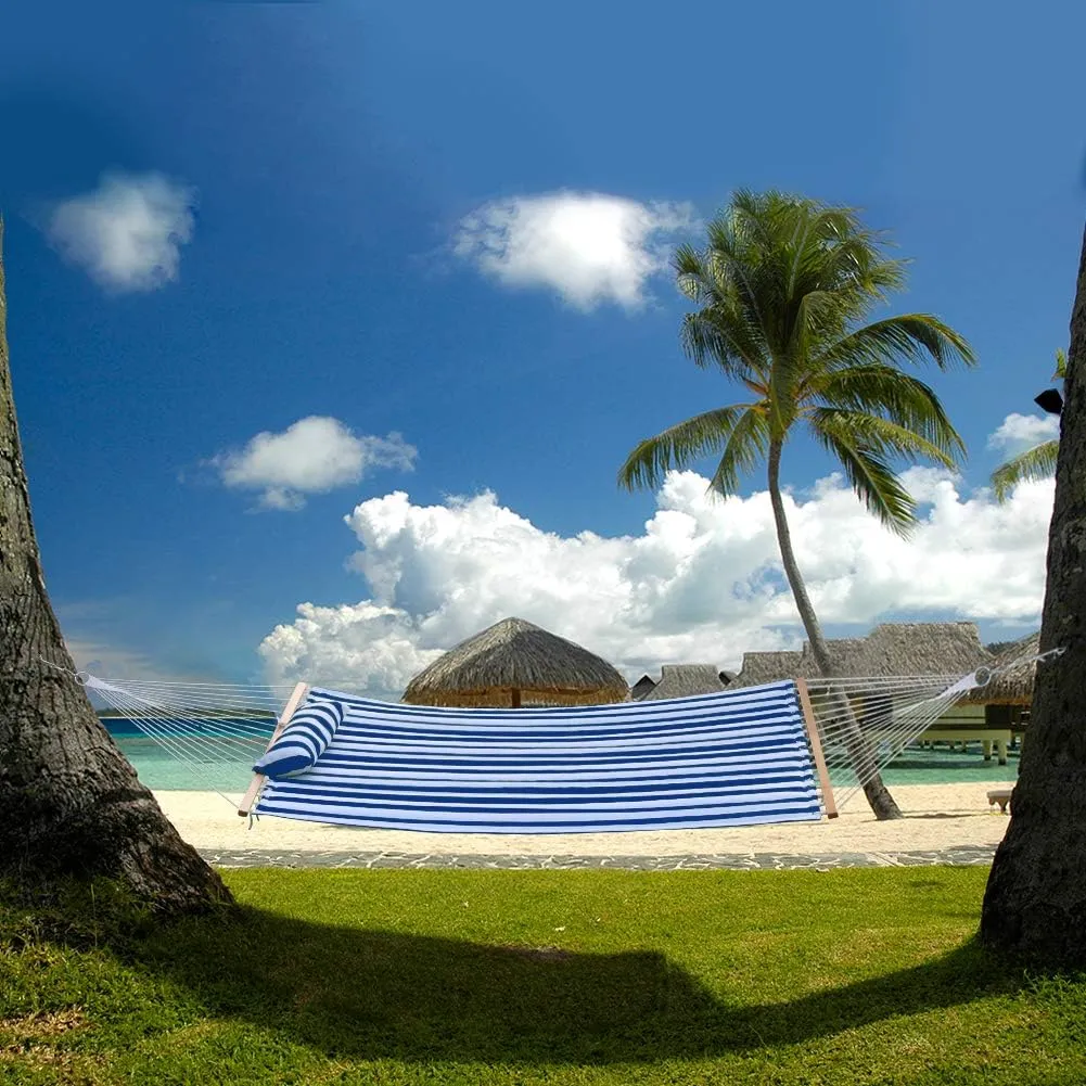 Quilted Fabric Double Hammock with Pillow, Heavy Duty Hardwood Spreader Bar, Hammocks for Outside, 450-pound Capacity, Hamacas para Adultos for Patio/Garden/Pool/Beach, Navy Blue Stripe