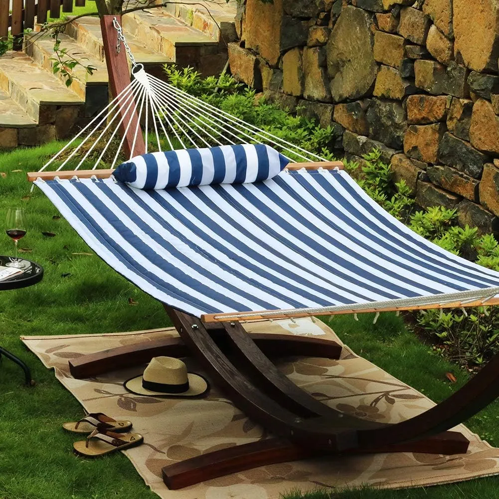 Quilted Fabric Double Hammock with Pillow, Heavy Duty Hardwood Spreader Bar, Hammocks for Outside, 450-pound Capacity, Hamacas para Adultos for Patio/Garden/Pool/Beach, Navy Blue Stripe