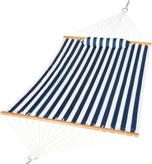 Quilted Fabric Double Hammock with Pillow, Heavy Duty Hardwood Spreader Bar, Hammocks for Outside, 450-pound Capacity, Hamacas para Adultos for Patio/Garden/Pool/Beach, Navy Blue Stripe