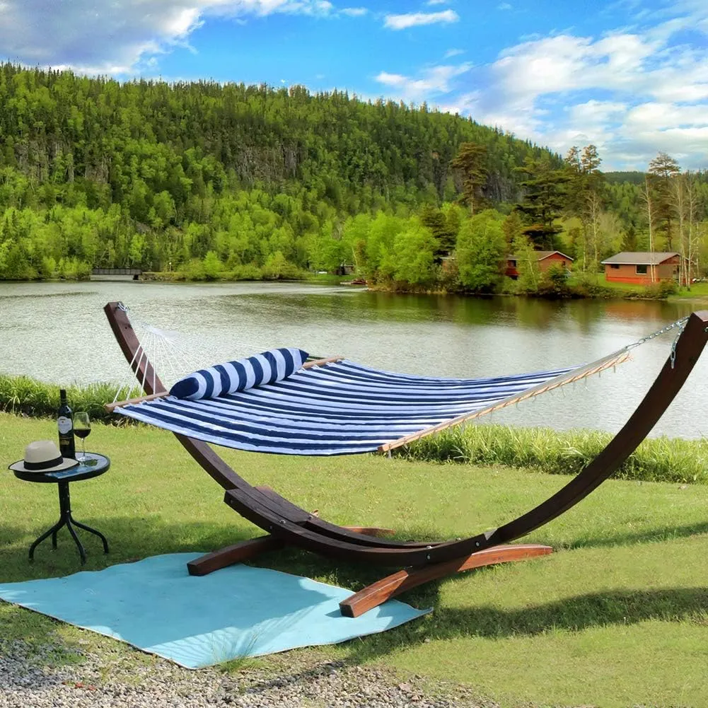 Quilted Fabric Double Hammock with Pillow, Heavy Duty Hardwood Spreader Bar, Hammocks for Outside, 450-pound Capacity, Hamacas para Adultos for Patio/Garden/Pool/Beach, Navy Blue Stripe