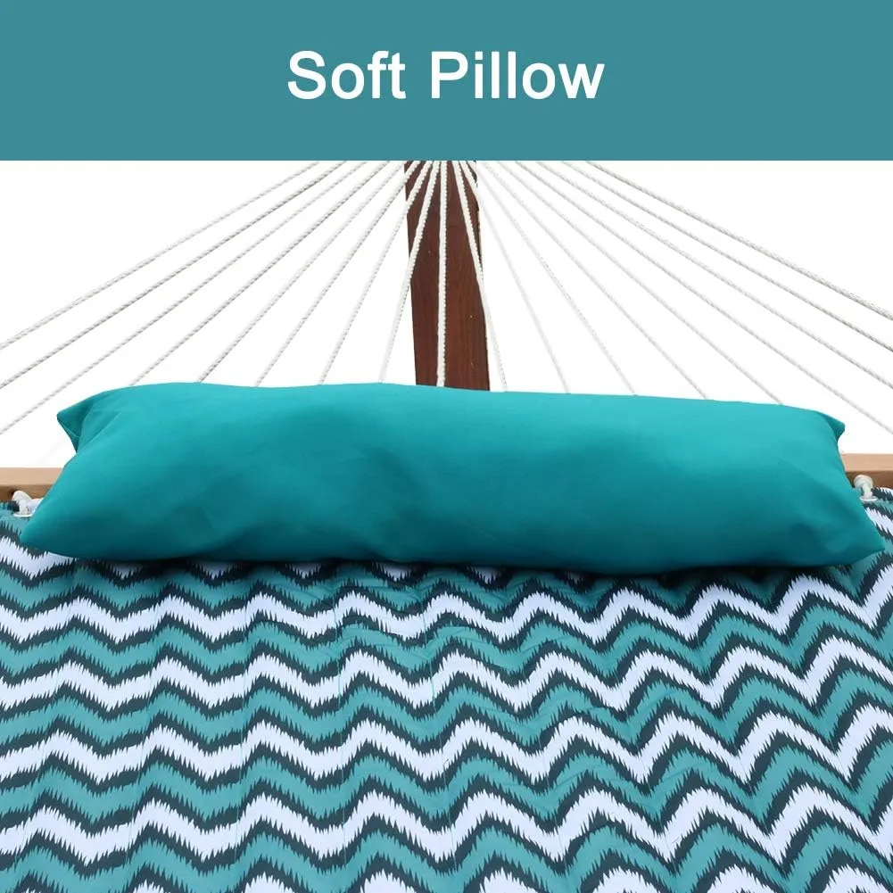 Quilted Fabric Double Hammock with Pillow, Heavy Duty Hardwood Spreader Bar, Hammocks for Outside, 450-pound Capacity, Hamacas para Adultos for Patio/Garden/Yard/Pool/Beach, Wavy Stripe