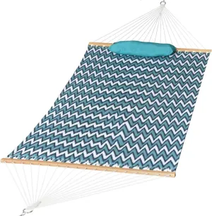 Quilted Fabric Double Hammock with Pillow, Heavy Duty Hardwood Spreader Bar, Hammocks for Outside, 450-pound Capacity, Hamacas para Adultos for Patio/Garden/Yard/Pool/Beach, Wavy Stripe