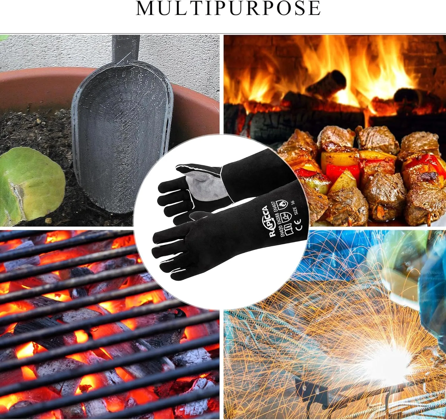 RAPICCA Fireplace Gloves Fire Heat Resistant: Black 14IN - Fireproof Leather for Fireplace Fire Pit Wood Stove Campfire Furnace BBQ Grill Stick Mig Welding Welder Gear - One Size