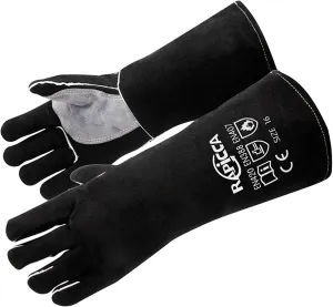 RAPICCA Fireplace Gloves Fire Heat Resistant: Black 14IN - Fireproof Leather for Fireplace Fire Pit Wood Stove Campfire Furnace BBQ Grill Stick Mig Welding Welder Gear - One Size