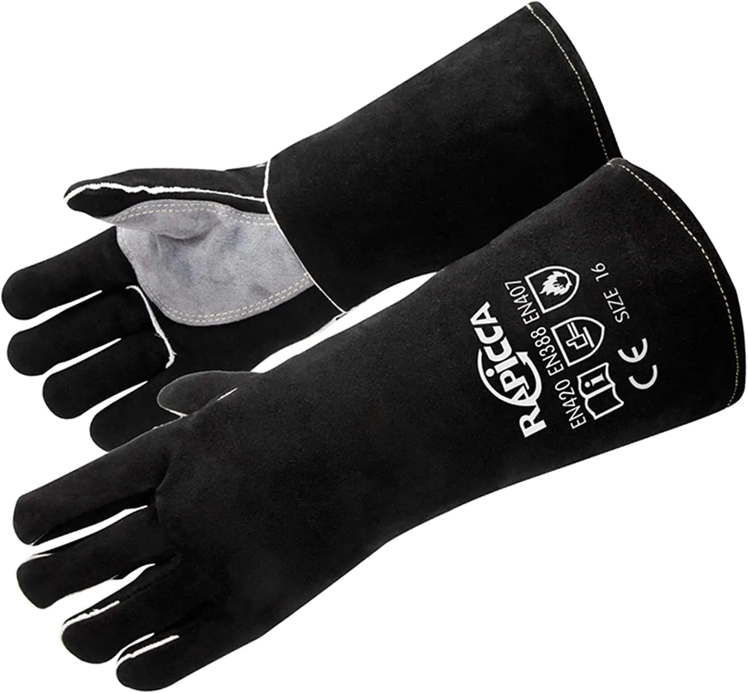 RAPICCA Fireplace Gloves Fire Heat Resistant: Black 14IN - Fireproof Leather for Fireplace Fire Pit Wood Stove Campfire Furnace BBQ Grill Stick Mig Welding Welder Gear - One Size