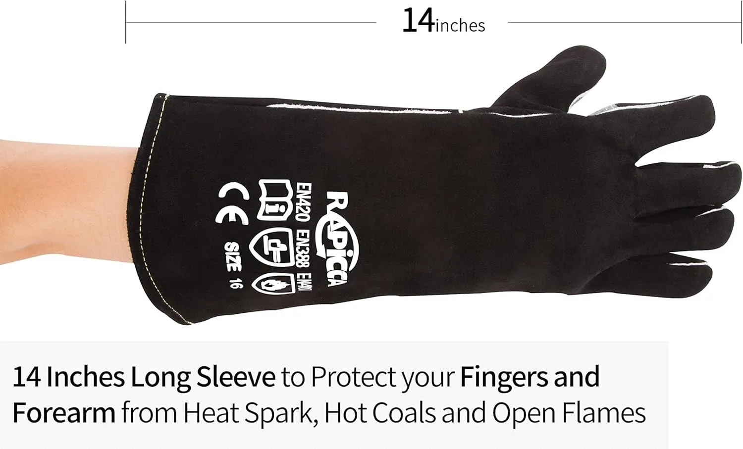 RAPICCA Fireplace Gloves Fire Heat Resistant: Black 14IN - Fireproof Leather for Fireplace Fire Pit Wood Stove Campfire Furnace BBQ Grill Stick Mig Welding Welder Gear - One Size