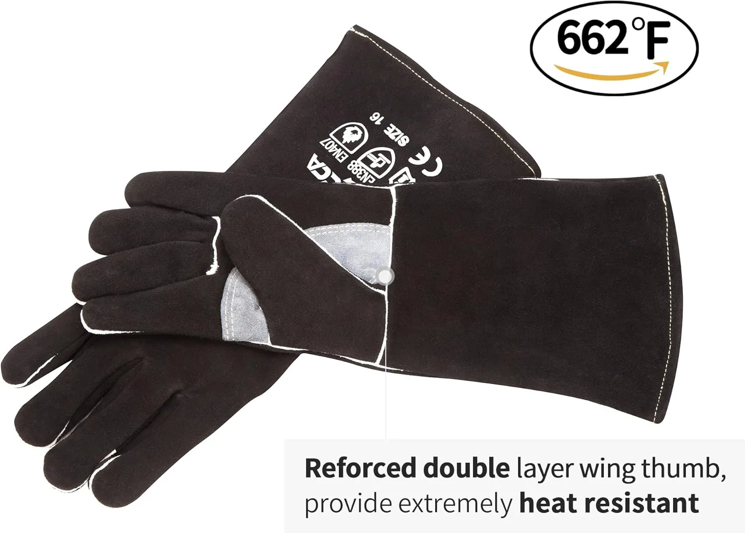RAPICCA Fireplace Gloves Fire Heat Resistant: Black 14IN - Fireproof Leather for Fireplace Fire Pit Wood Stove Campfire Furnace BBQ Grill Stick Mig Welding Welder Gear - One Size