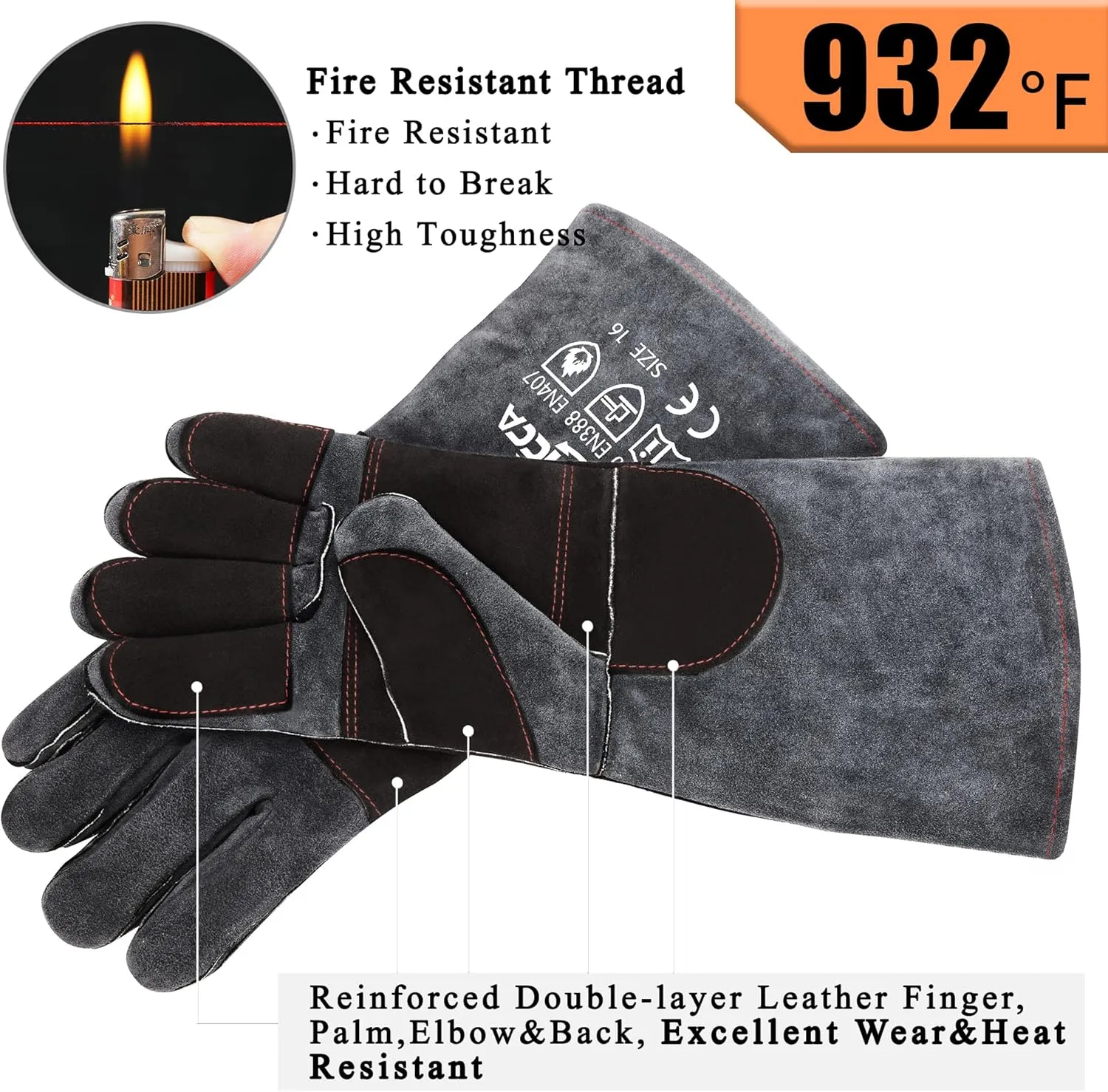 RAPICCA Fireplace Gloves Fire Heat Resistant: Dark-Grey 16IN 932℉ - Fireproof Leather for Fireplace Fire Pit Wood Stove Campfire Furnace BBQ Grill Stick Mig Welding Welder Gear - One Size