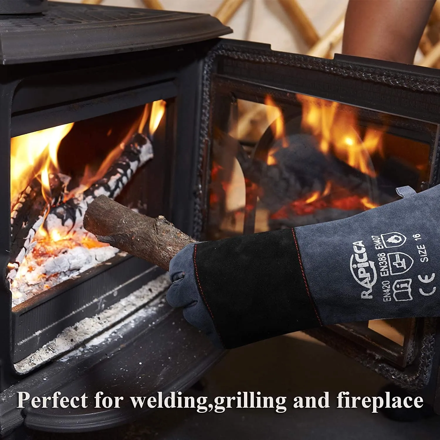 RAPICCA Fireplace Gloves Fire Heat Resistant: Dark-Grey 16IN 932℉ - Fireproof Leather for Fireplace Fire Pit Wood Stove Campfire Furnace BBQ Grill Stick Mig Welding Welder Gear - One Size
