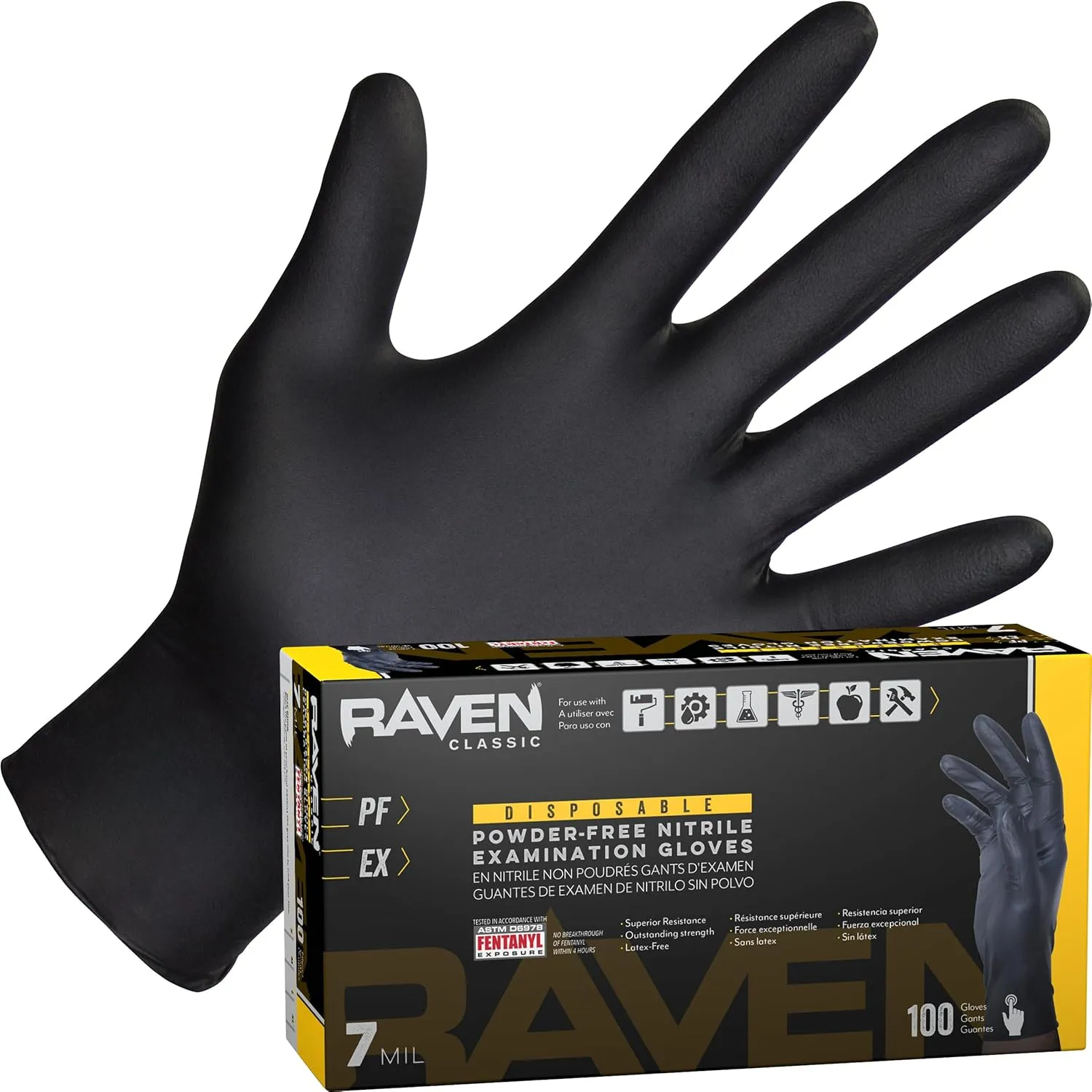 Raven Powder Free Nitrile Disposable Gloves - 10 Boxes / 100 Ea. | 1000 Gloves Total |7 Mil | Latex Free, Single Use |