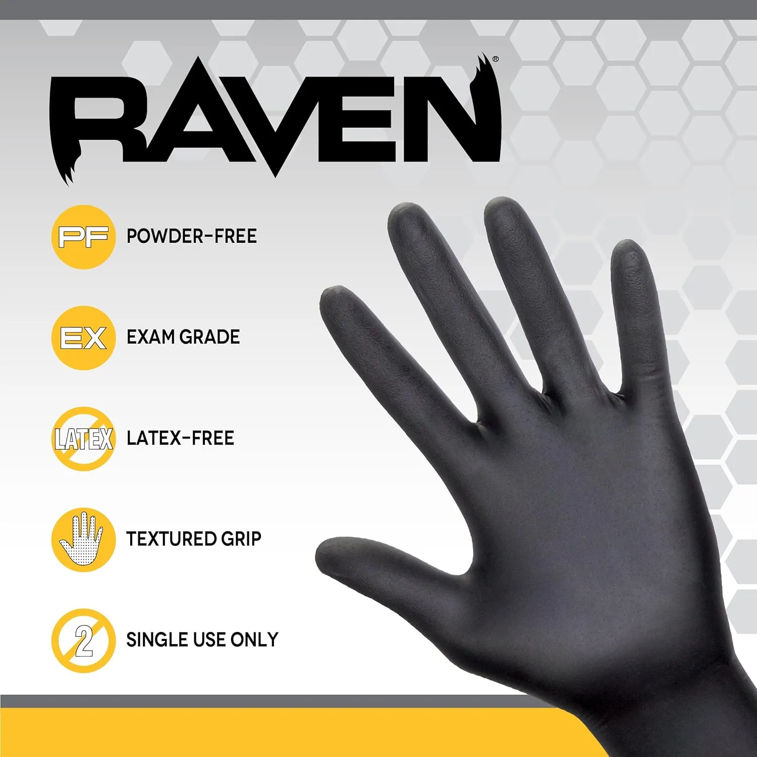Raven Powder Free Nitrile Disposable Gloves - 10 Boxes / 100 Ea. | 1000 Gloves Total |7 Mil | Latex Free, Single Use |