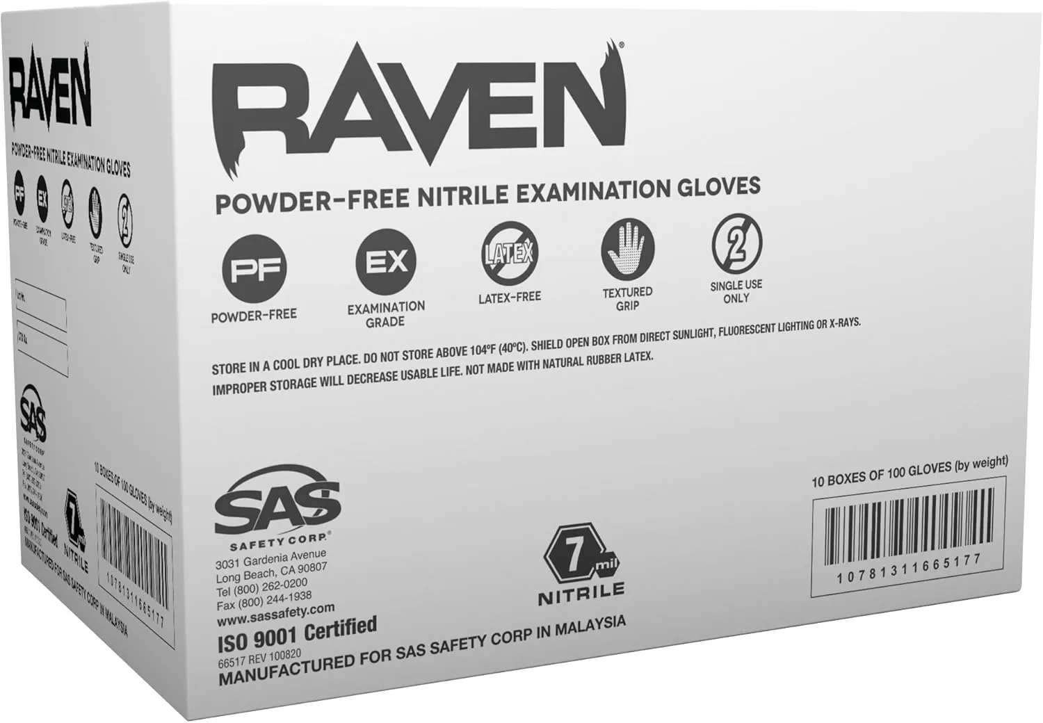 Raven Powder Free Nitrile Disposable Gloves - 10 Boxes / 100 Ea. | 1000 Gloves Total |7 Mil | Latex Free, Single Use |