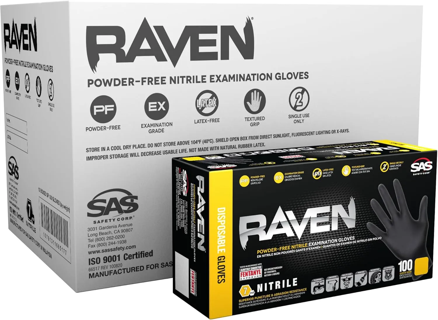 Raven Powder Free Nitrile Disposable Gloves - 10 Boxes / 100 Ea. | 1000 Gloves Total |7 Mil | Latex Free, Single Use |