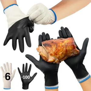 Raxwell BBQ Gloves - 6 Heat Resistant Cotton Liners   100 Nitrile Food Prep Gloves for Barbecue Smoker, Cooking & Hot Food - Size Large - BBQ Accessories - Grilling Accessories