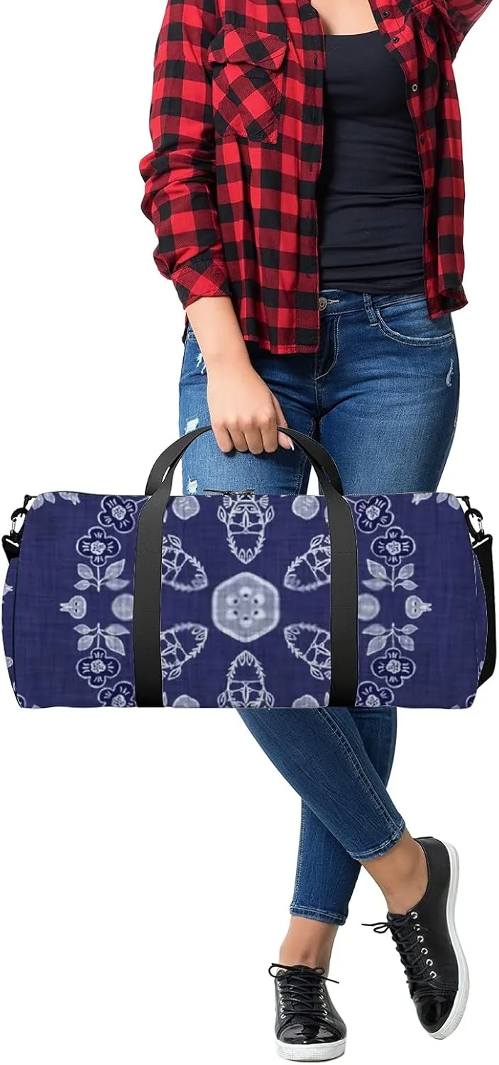 Retro Navy Blue Floral Texture Sports Bag Tote Bag Waterproof Gym Bag with Shoulder Strap Zipper 2 Side Pockets for Men and Women, Travel and Storage Shoulder Bag.