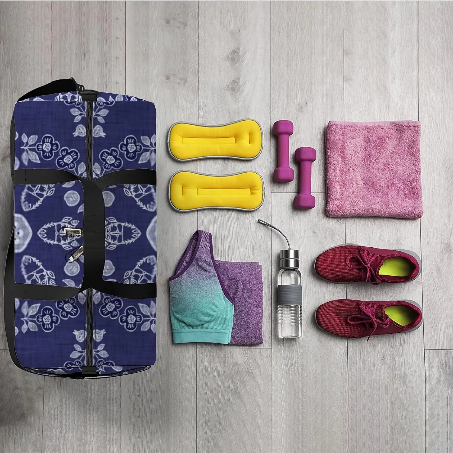 Retro Navy Blue Floral Texture Sports Bag Tote Bag Waterproof Gym Bag with Shoulder Strap Zipper 2 Side Pockets for Men and Women, Travel and Storage Shoulder Bag.