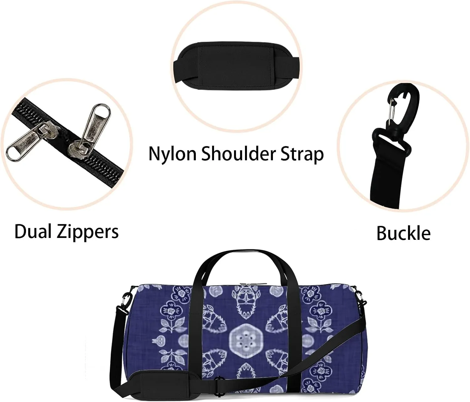 Retro Navy Blue Floral Texture Sports Bag Tote Bag Waterproof Gym Bag with Shoulder Strap Zipper 2 Side Pockets for Men and Women, Travel and Storage Shoulder Bag.