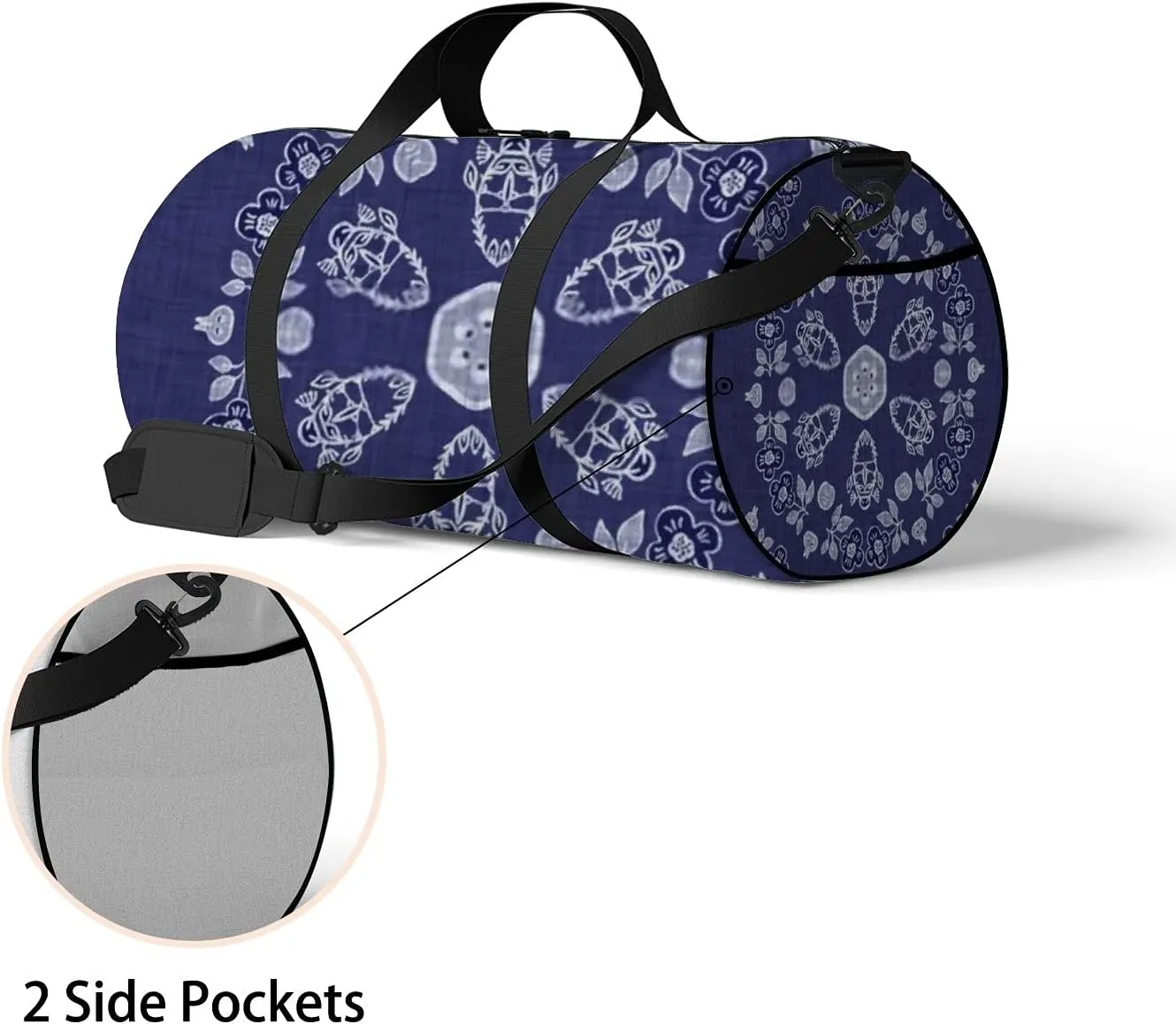 Retro Navy Blue Floral Texture Sports Bag Tote Bag Waterproof Gym Bag with Shoulder Strap Zipper 2 Side Pockets for Men and Women, Travel and Storage Shoulder Bag.