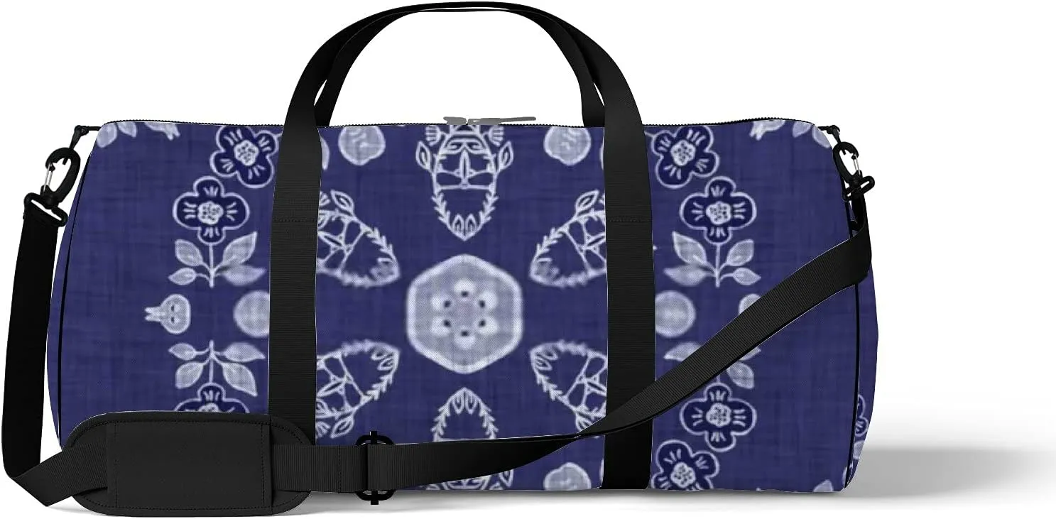 Retro Navy Blue Floral Texture Sports Bag Tote Bag Waterproof Gym Bag with Shoulder Strap Zipper 2 Side Pockets for Men and Women, Travel and Storage Shoulder Bag.