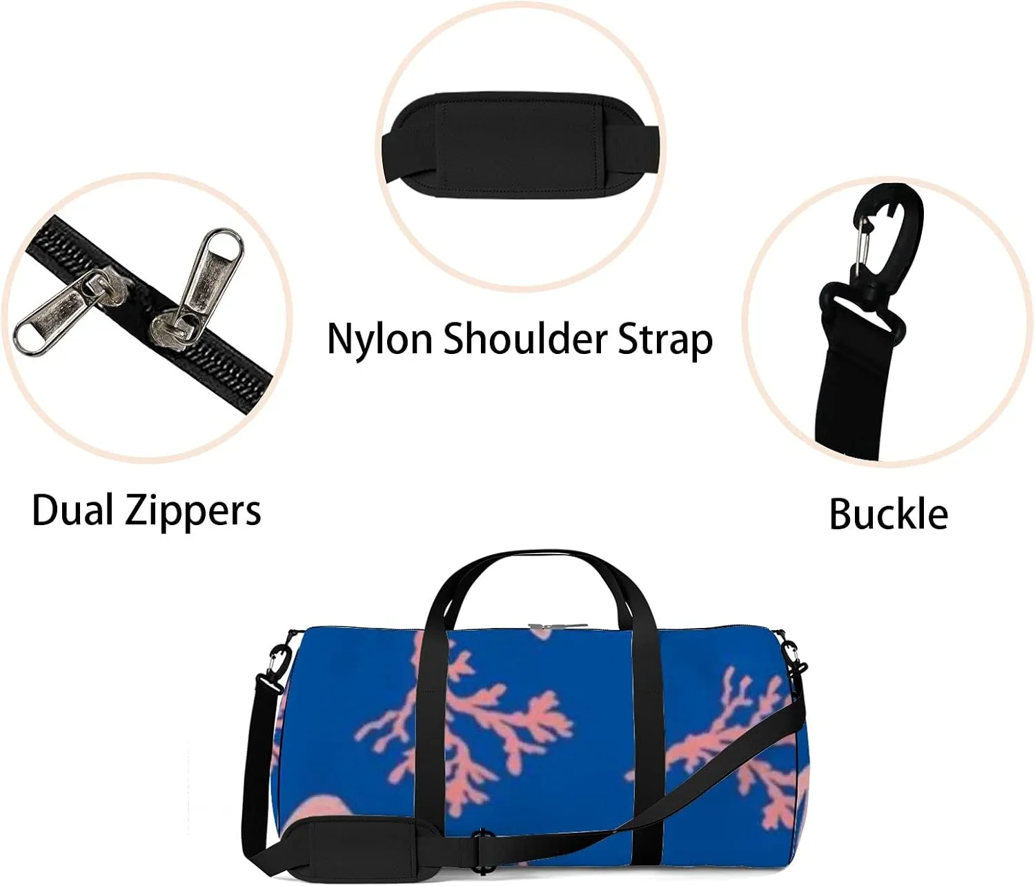 Retro Navy Blue Seaweed Coral Reefs Pattern Sports Bag Tote Bag Waterproof Gym Bag with Shoulder Strap Zipper 2 Side Pockets for Men and Women, Travel and Storage Shoulder Bag.