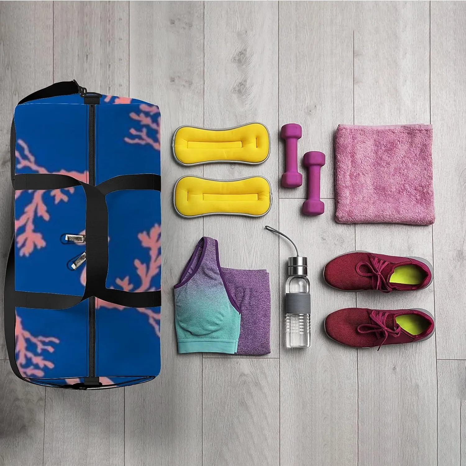 Retro Navy Blue Seaweed Coral Reefs Pattern Sports Bag Tote Bag Waterproof Gym Bag with Shoulder Strap Zipper 2 Side Pockets for Men and Women, Travel and Storage Shoulder Bag.
