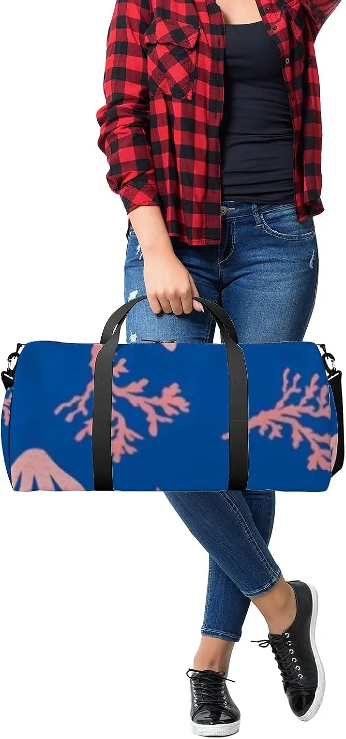 Retro Navy Blue Seaweed Coral Reefs Pattern Sports Bag Tote Bag Waterproof Gym Bag with Shoulder Strap Zipper 2 Side Pockets for Men and Women, Travel and Storage Shoulder Bag.