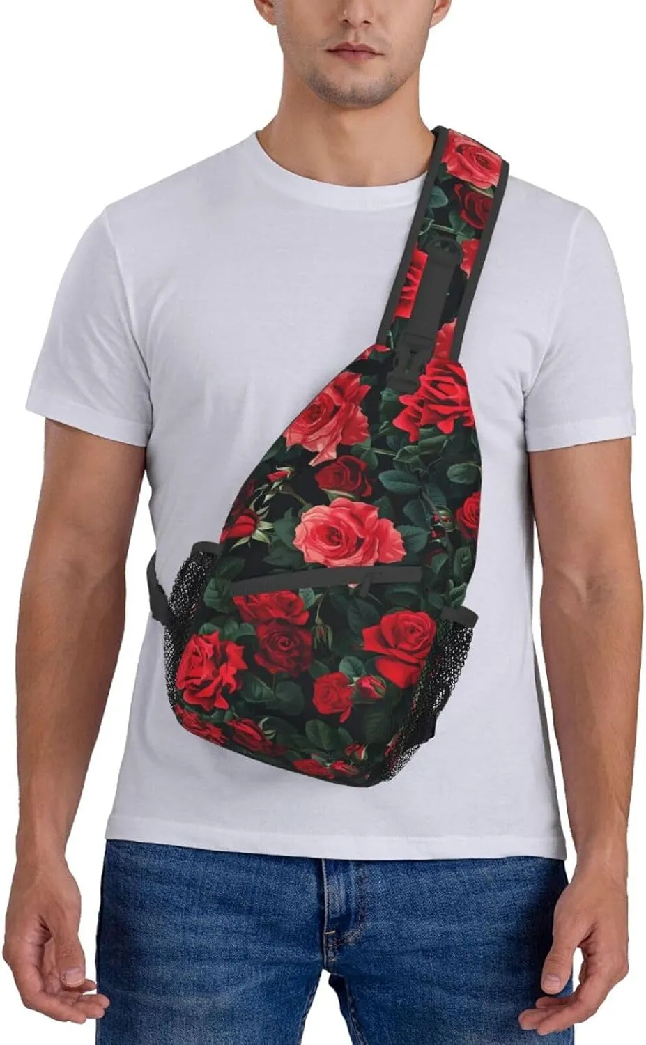 Rose Pattern Of Red Sling Backpack Hiking Backpack Crossbody Bag Sports Lightweight And waterproof Chest Bag Shoulder Bag For Women Men