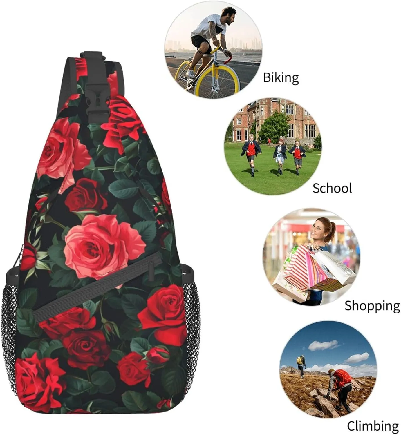 Rose Pattern Of Red Sling Backpack Hiking Backpack Crossbody Bag Sports Lightweight And waterproof Chest Bag Shoulder Bag For Women Men