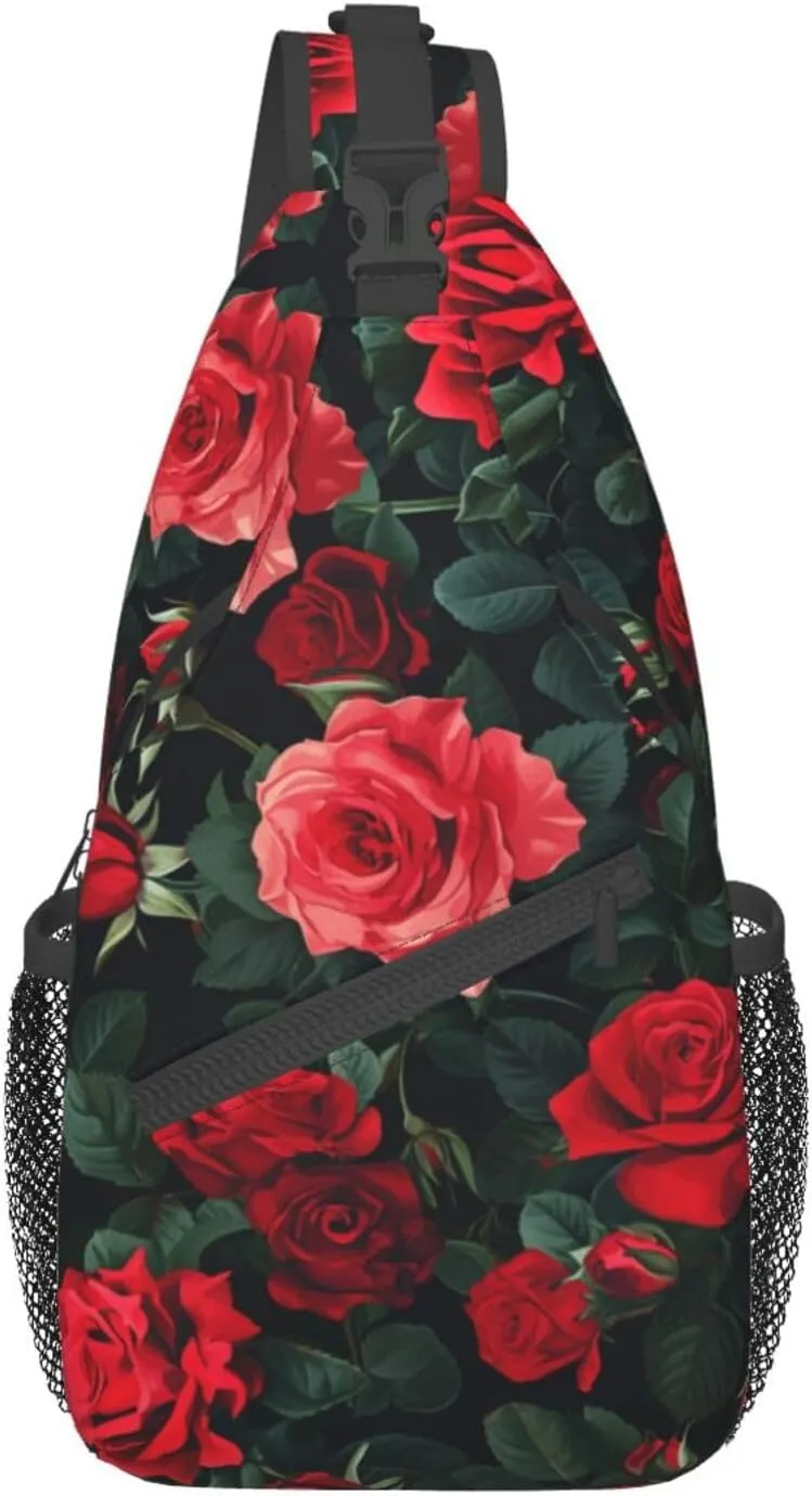 Rose Pattern Of Red Sling Backpack Hiking Backpack Crossbody Bag Sports Lightweight And waterproof Chest Bag Shoulder Bag For Women Men