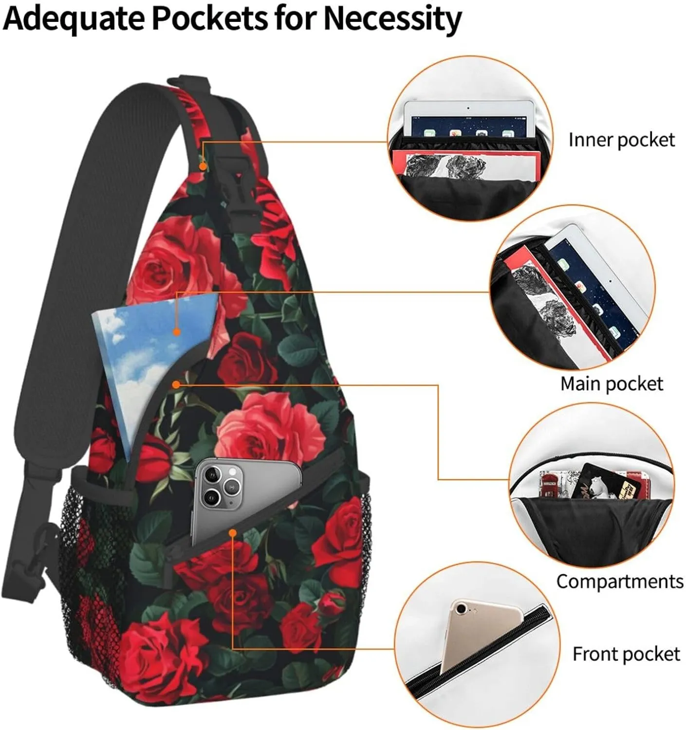 Rose Pattern Of Red Sling Backpack Hiking Backpack Crossbody Bag Sports Lightweight And waterproof Chest Bag Shoulder Bag For Women Men