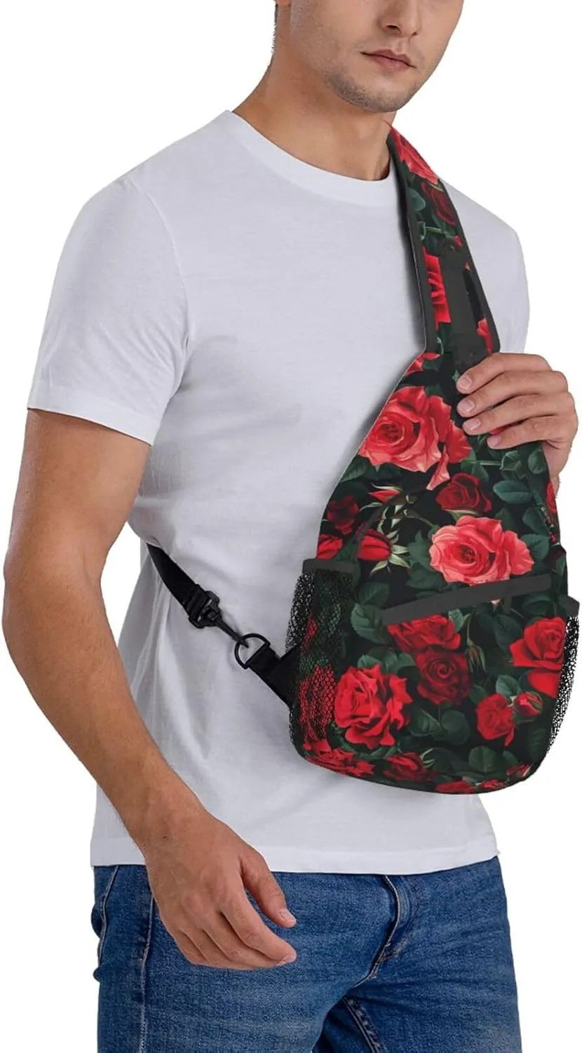 Rose Pattern Of Red Sling Backpack Hiking Backpack Crossbody Bag Sports Lightweight And waterproof Chest Bag Shoulder Bag For Women Men